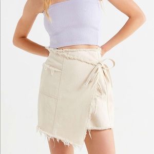 UO Frayed Beige Wrap Mini Skirt
